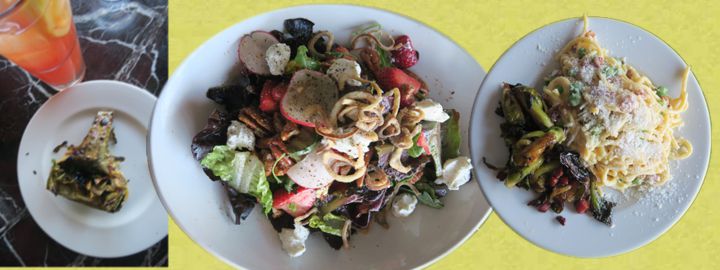 <p>Grilled Artichoke, salad, carbonara and brussel sprouts</p>