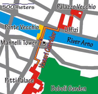 map of the Vasari Corridor and surroundings