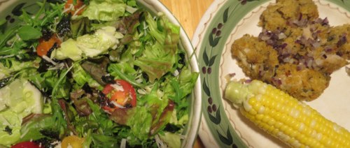 <p>Farmers Market Corn, Hama Hama Oysters in panko, and salad, all from within 50 miles</p>