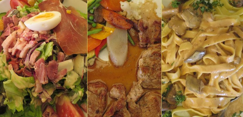 <p style="text-align: center;">Lunch at Le Batalier in Capestang<br />Salade Montagnard (gizzards, lardons, local ham, egg, local greens),<br />"Porc in his juice", Fettucine Forestière  </p>